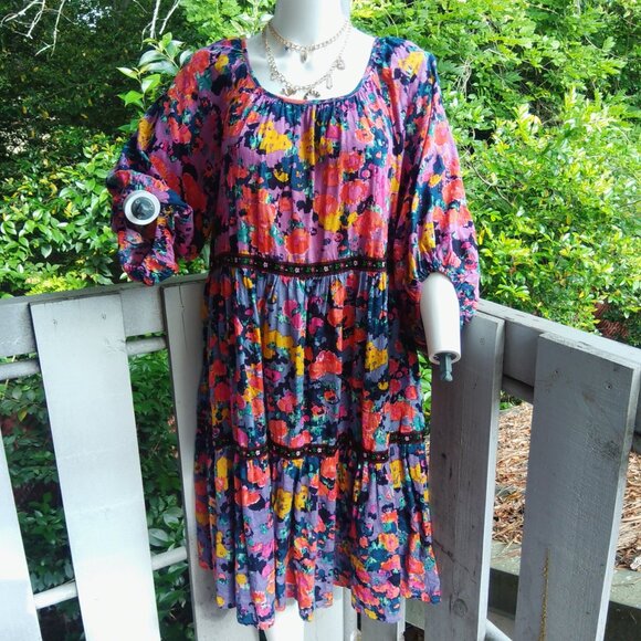 Anthro Tiered Puff Sleeve Cottagecore Prairie Boho Floral Midi Dress - Picture 2 of 9